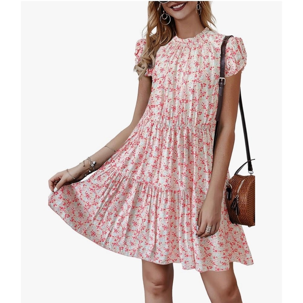 Boho Summer‎ Dress Medium Ruffle Cap Sleeve Floral Casual Cottage Prairie Pastel